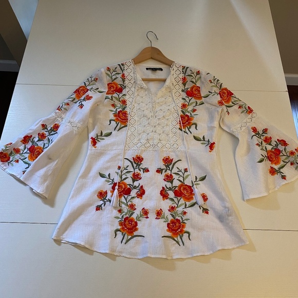Boston Proper Embroidery Floral Bell Sleeve Linen Blouse White Orange Medium - Picture 5 of 16